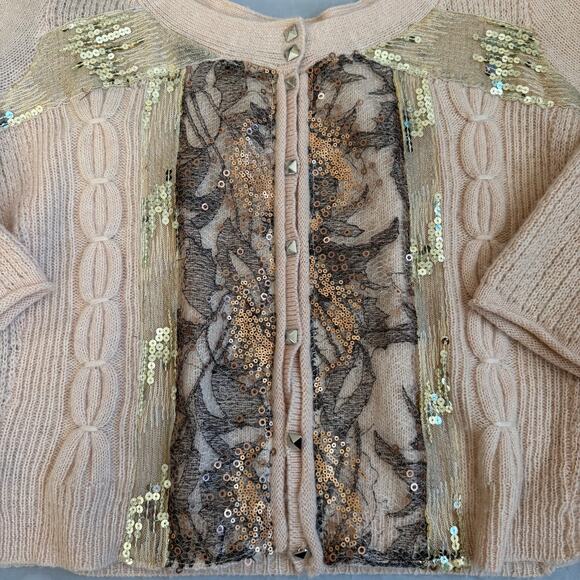 Free People Peach/Pink Sequin Lace front 3/4 Sleeve Cardigan Sweater- M - Picture 7 of 10